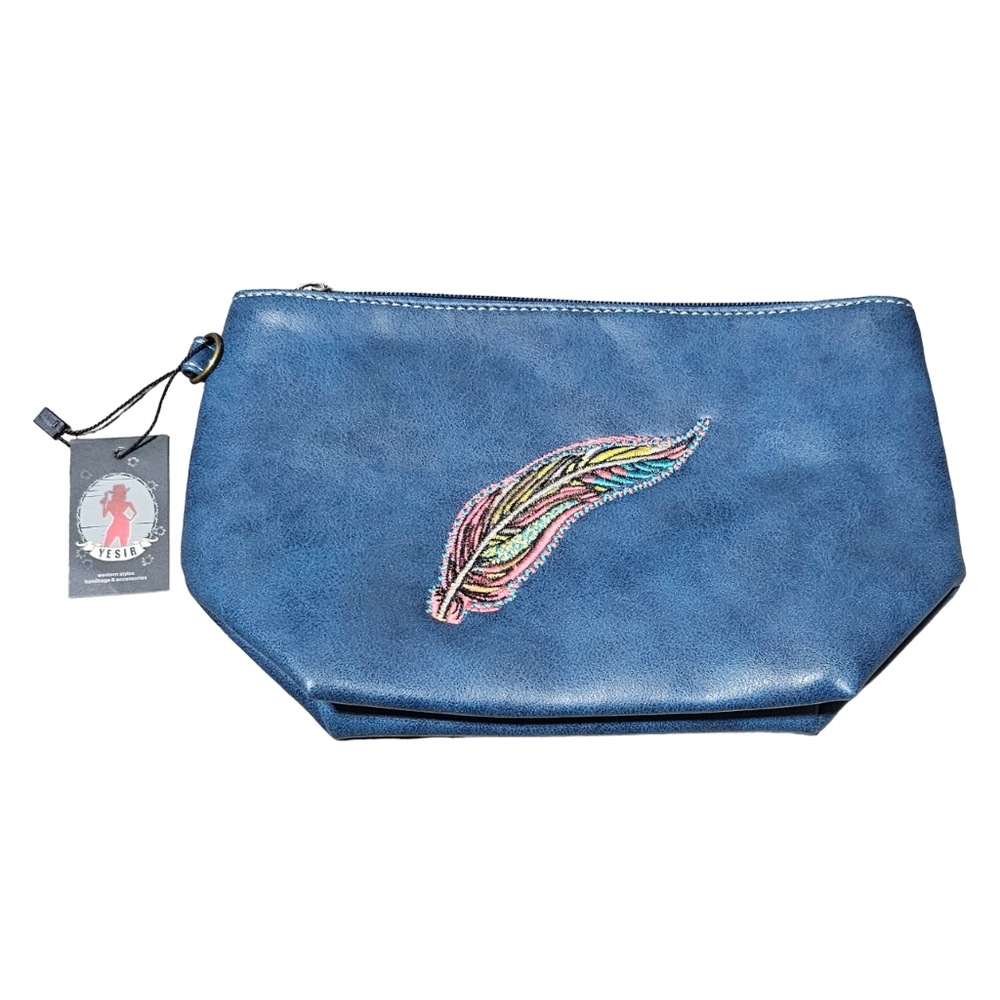 Leather Like Navy Blue Feather Makeup Bag
